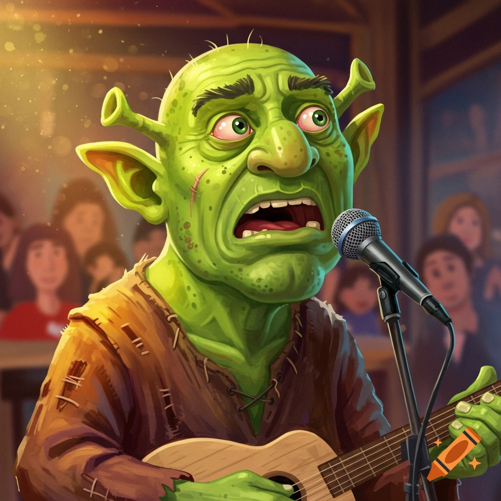 A green ogre character singing into a microphone while playing a small guitar.