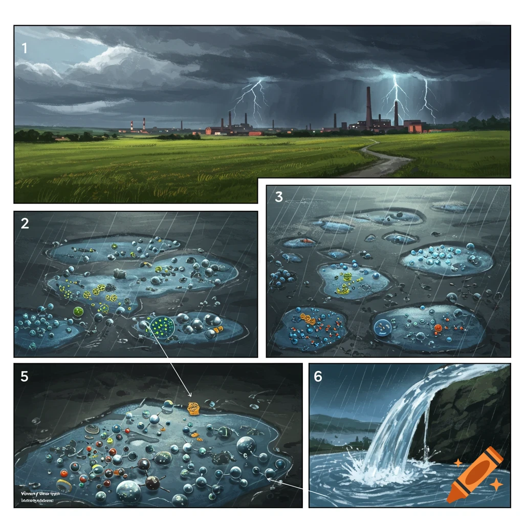 Multi-panel illustration shows storm over industrial landscape, rain puddles with microbes and pollutants, and a waterfall.