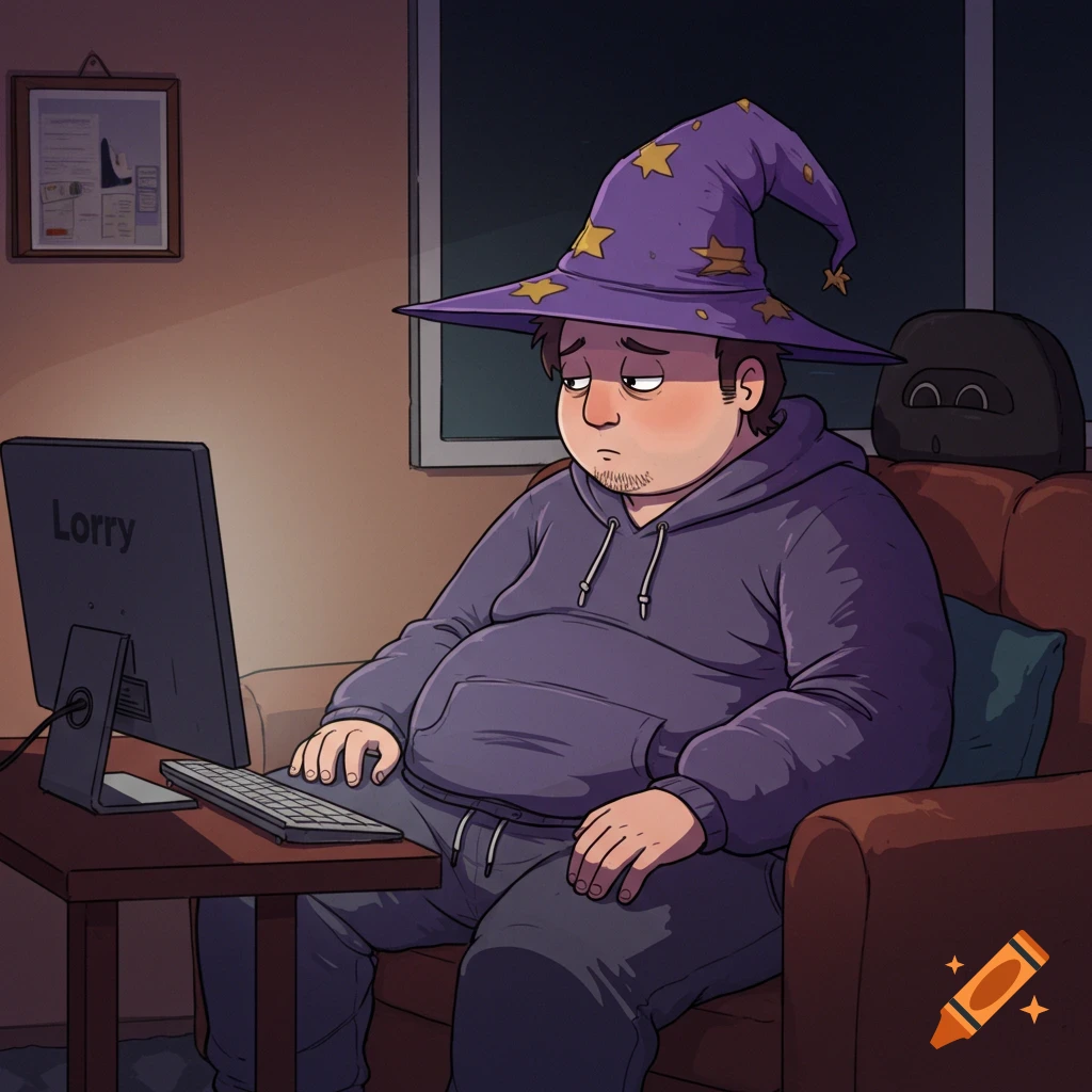 Cartoon of a man in a wizard hat and hoodie looking sadly at a computer screen.