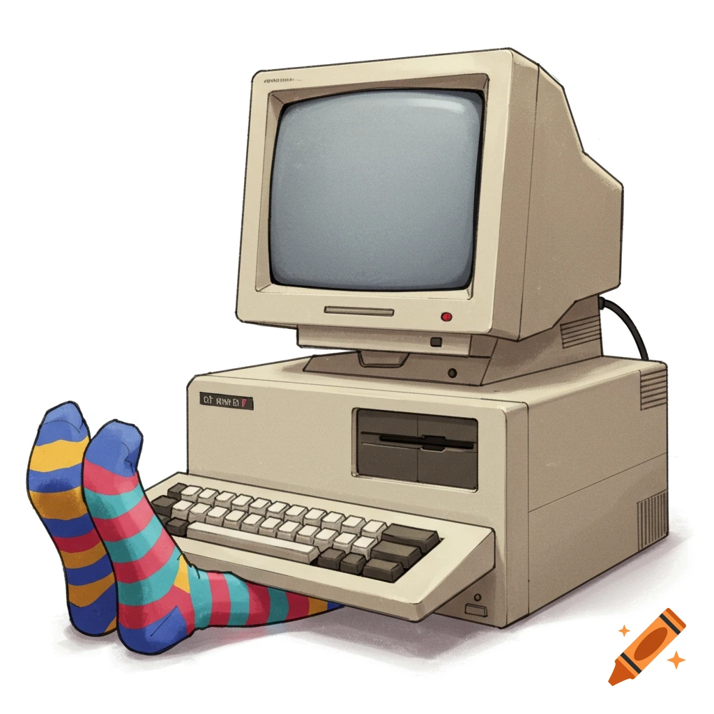 A vintage computer with feet in striped socks resting on the keyboard.