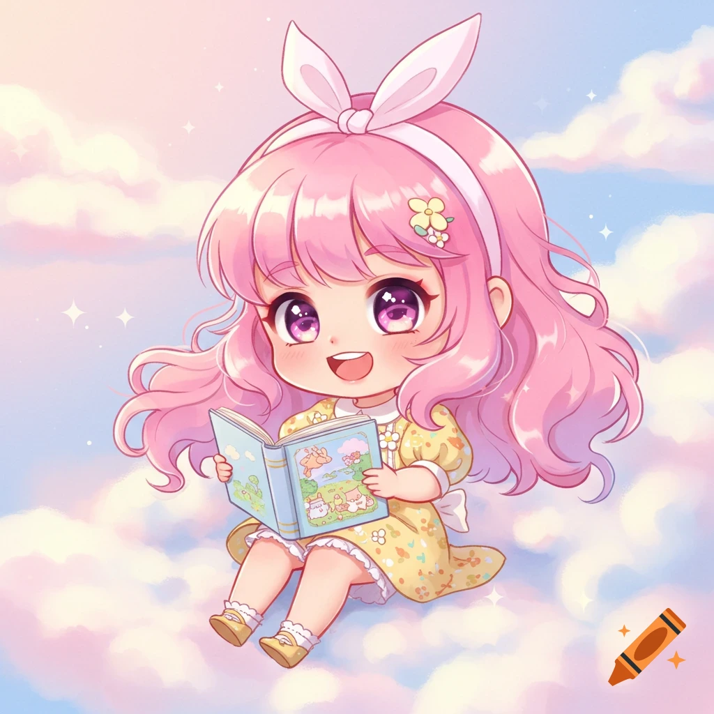 A cute chibi anime girl with pink hair reads a book while sitting on a cloud.