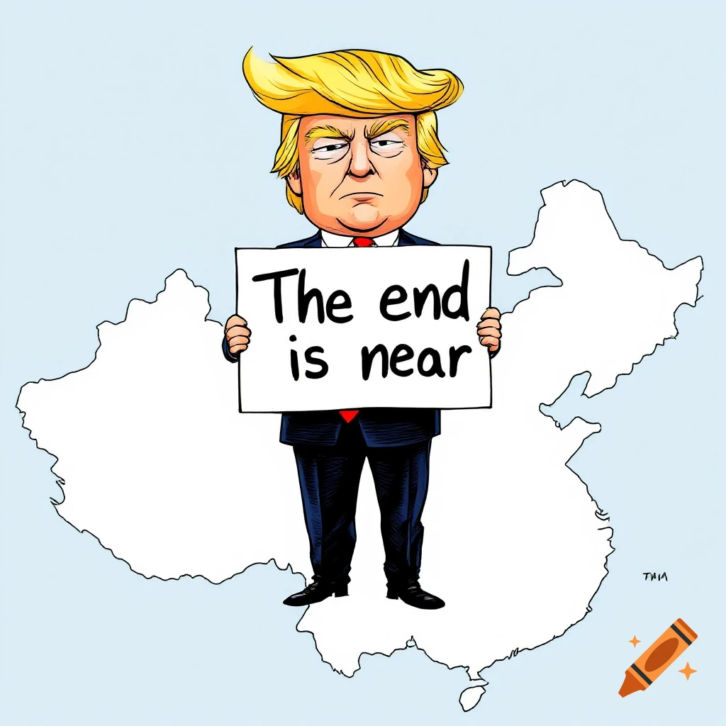 Political cartoon of Donald Trump caricature standing on a map of China, holding a sign that reads 'The end is near'.