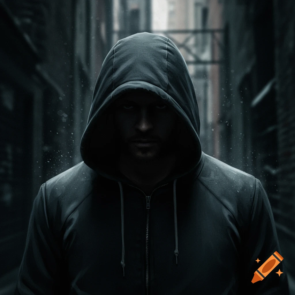 A man in a dark hoodie stands in a shadowy alley.