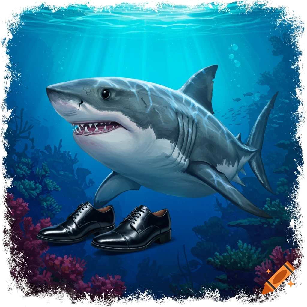 A shark wearing black dress shoes underwater