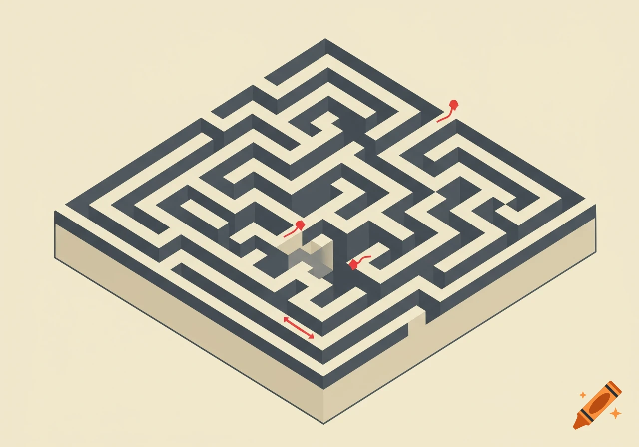 Isometric view of a simple maze with red arrows showing paths.
