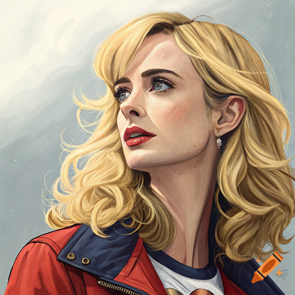 An illustrated portrait of a blonde woman in a red jacket looking up.