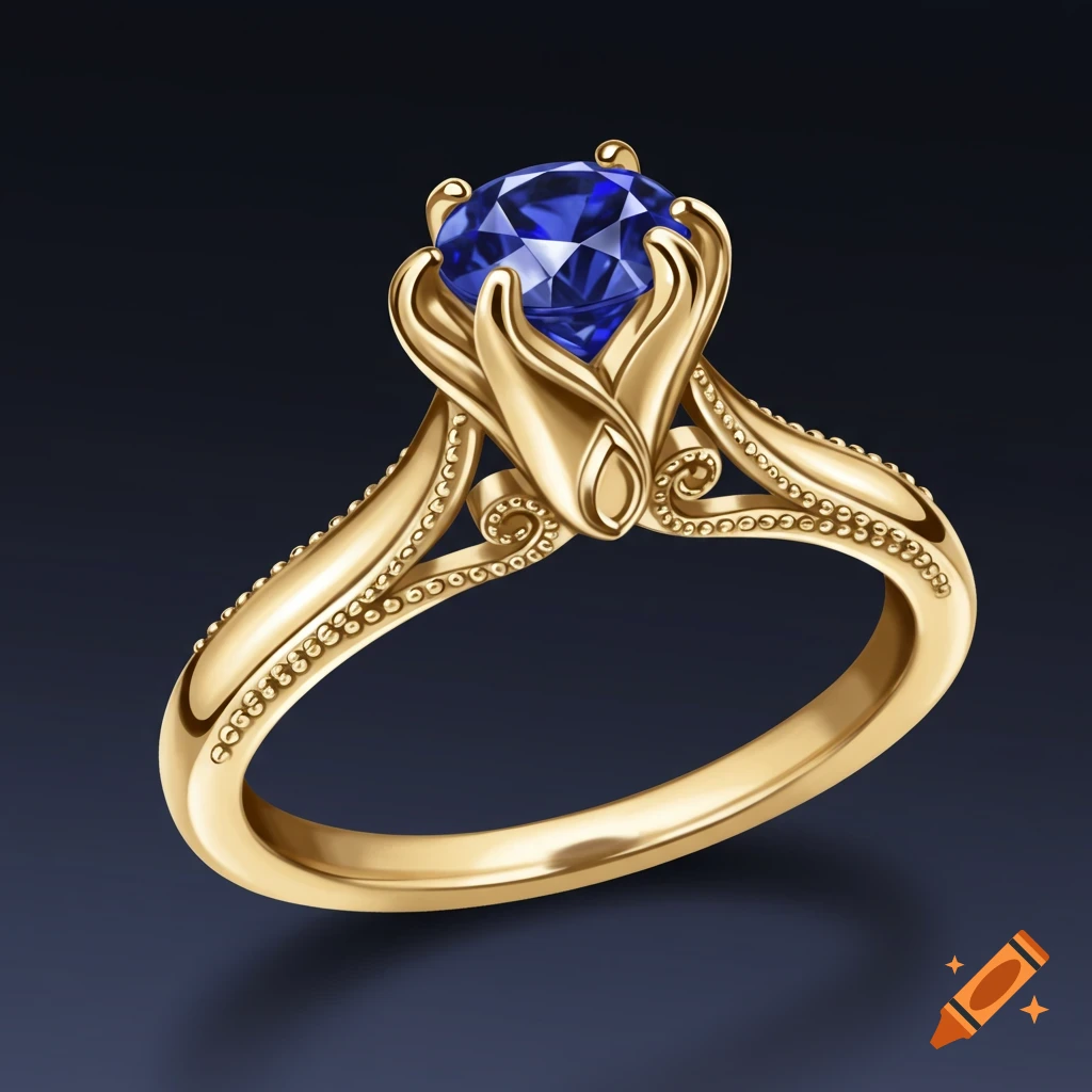 A gold engagement ring with a blue sapphire gemstone in a tulip setting.