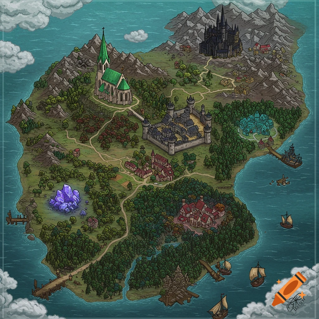 A stylized fantasy map of an island with a church, castles, forest, mountains, and ships.