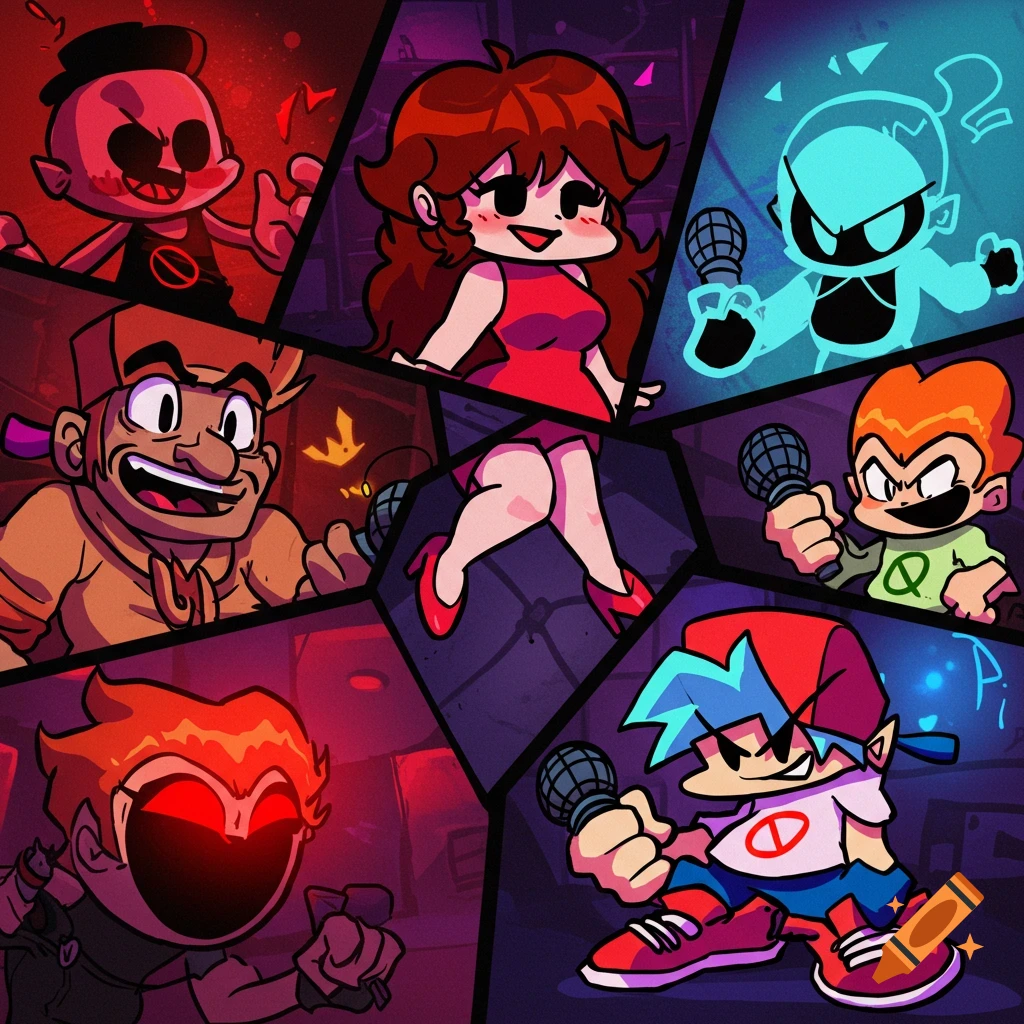 Collage of cartoon characters from Friday Night Funkin'. Features Boyfriend, Girlfriend, Pico, and others in various poses.