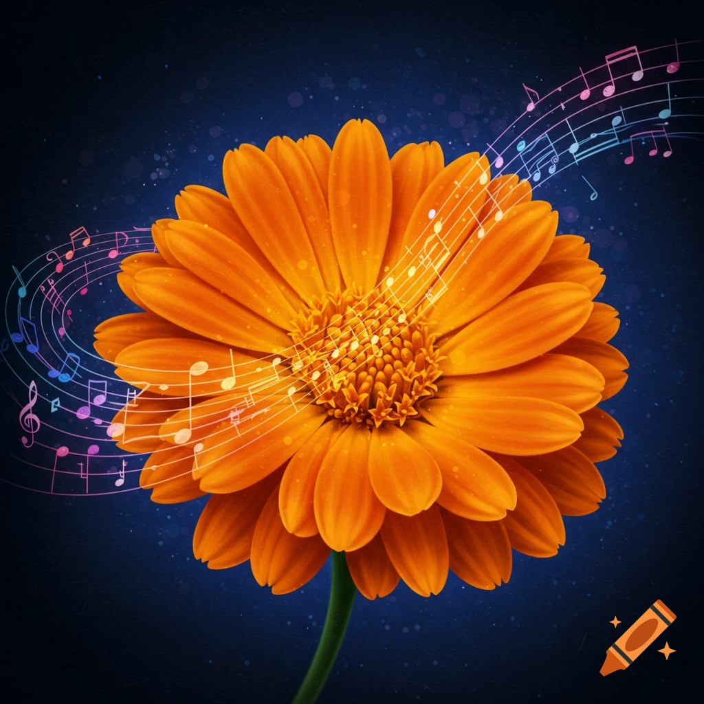 An orange marigold flower with musical notes flowing from it.