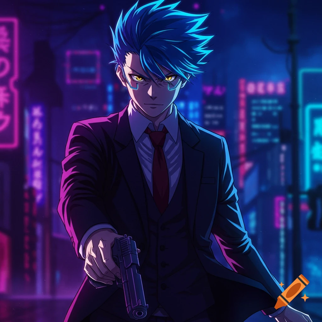 Anime man in a suit holds a gun in a neon city street