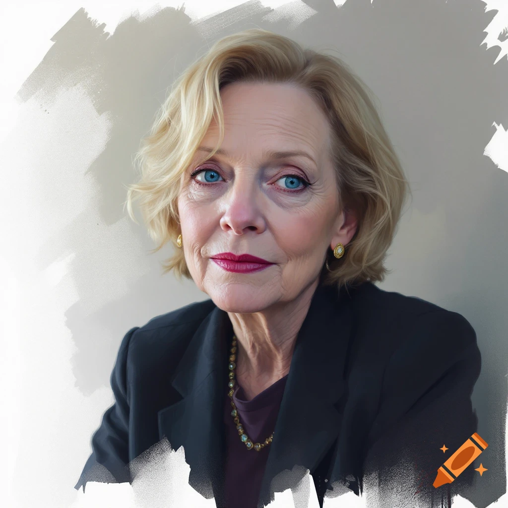 An older woman with blonde hair, blue eyes, and red lipstick, wearing a black jacket.
