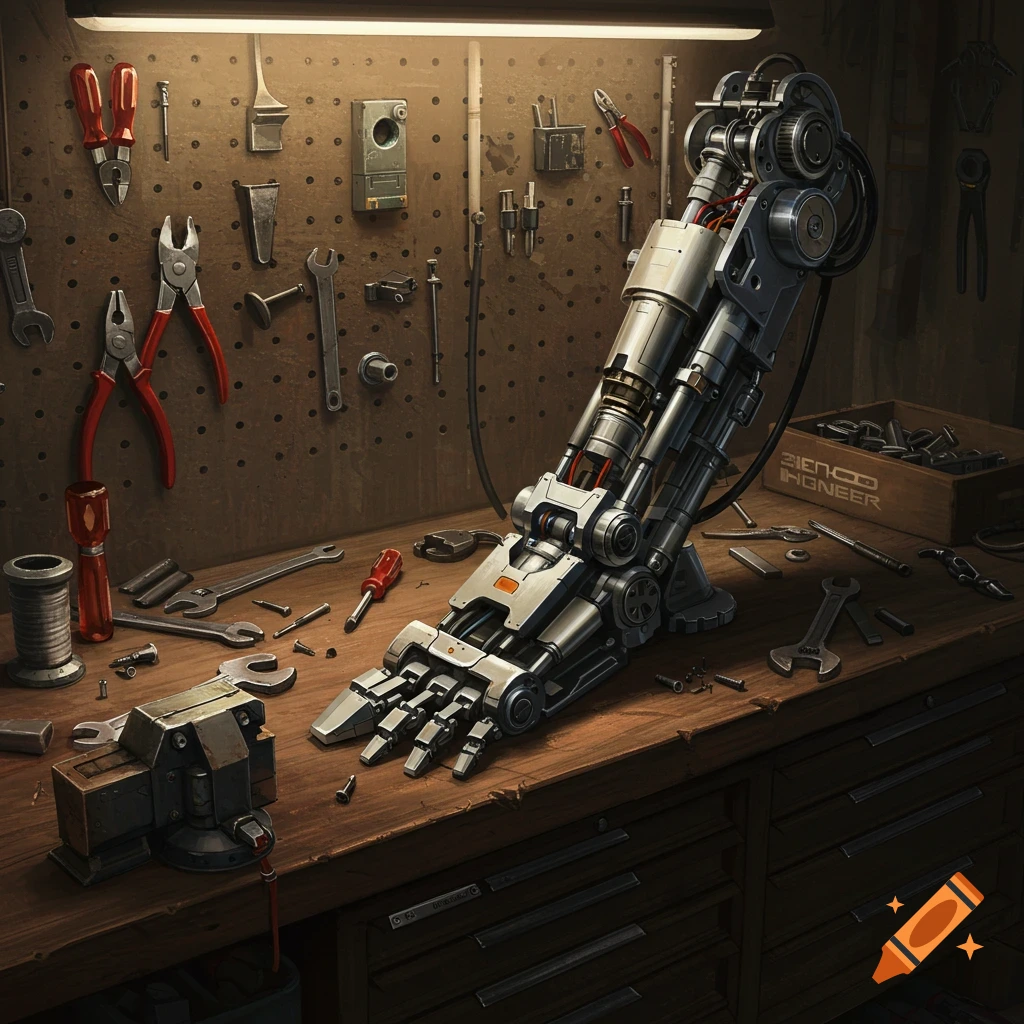 A detailed image of a mechanical foot on a workbench surrounded by various tools like wrenches and pliers.