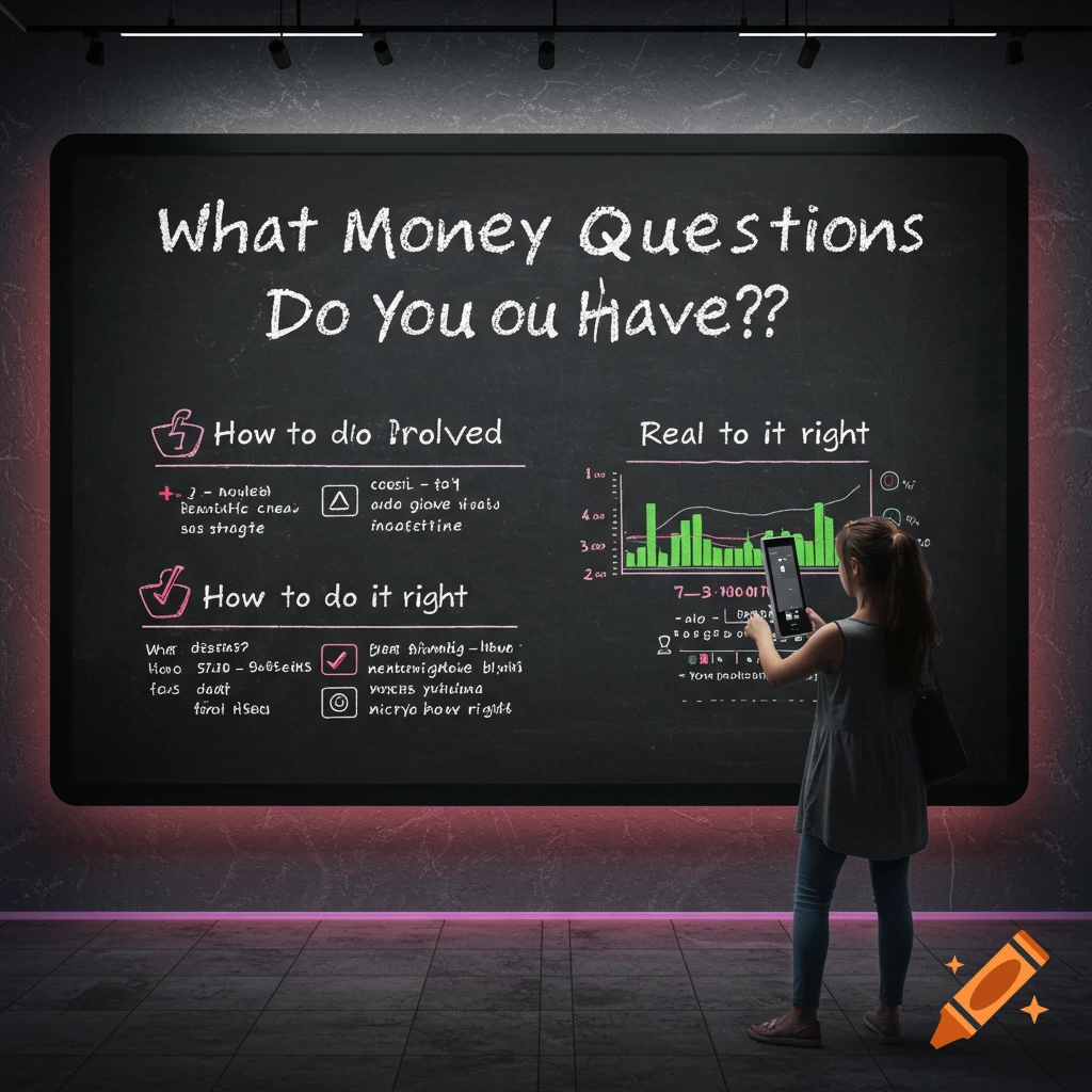 A person looks at a large digital chalkboard with text and a graph about money questions.