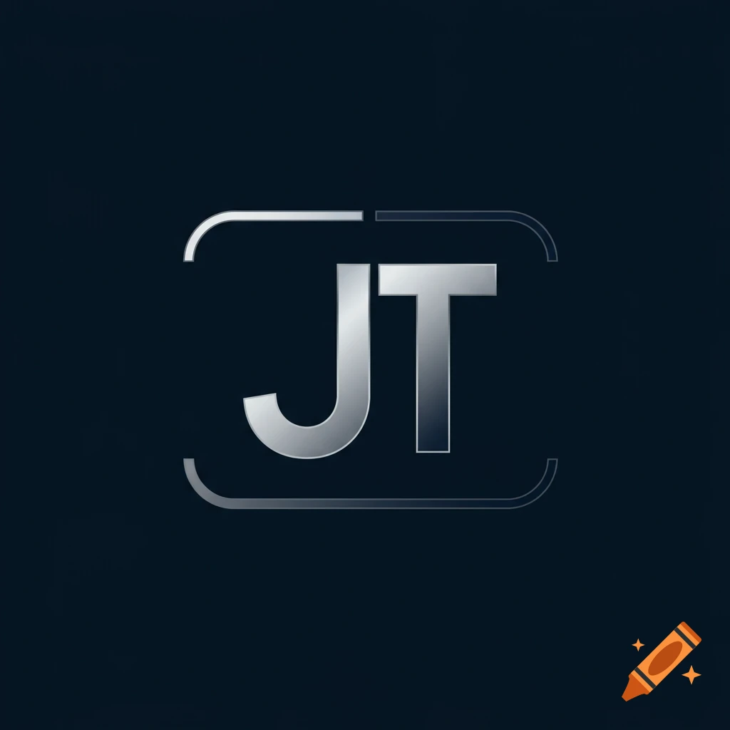 Silver metallic logo with the letters JT on a dark blue background