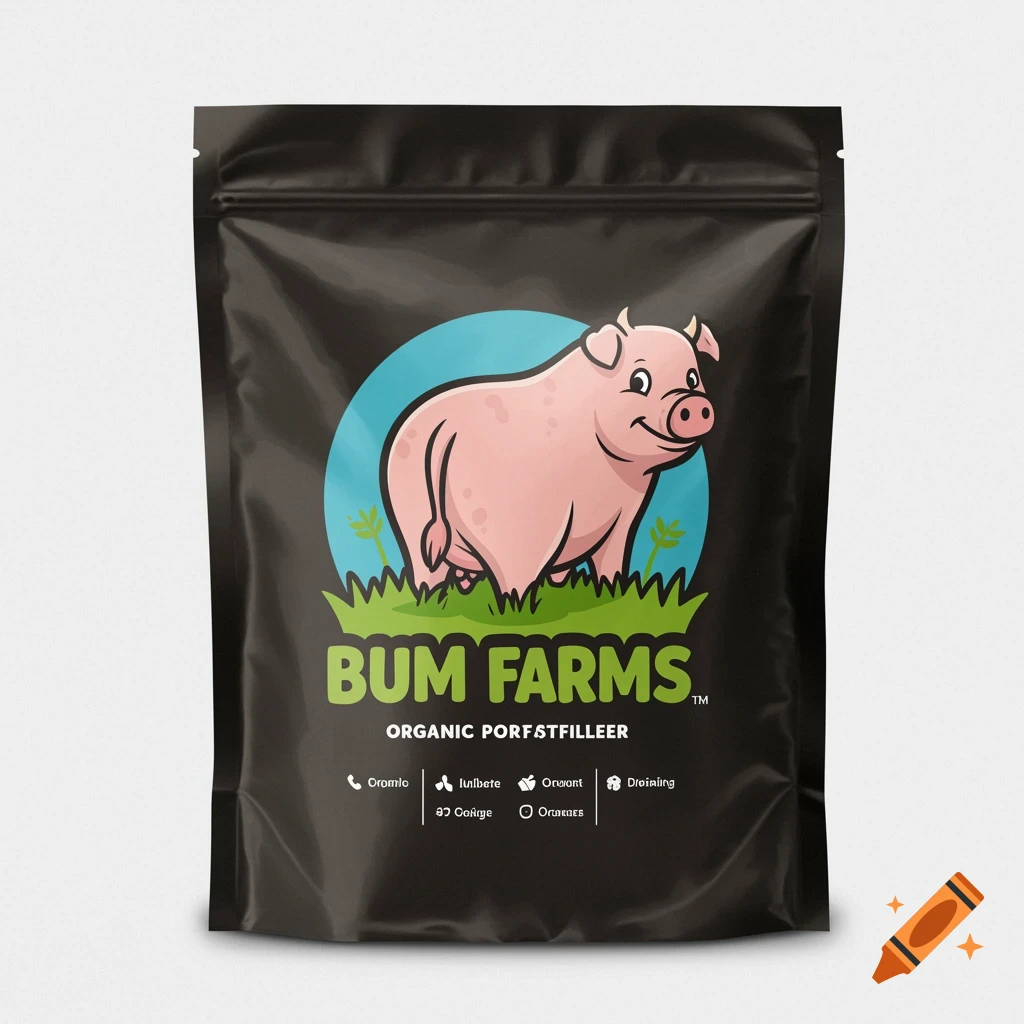 Black stand-up pouch with a cartoon pig logo against blue sky and green grass.