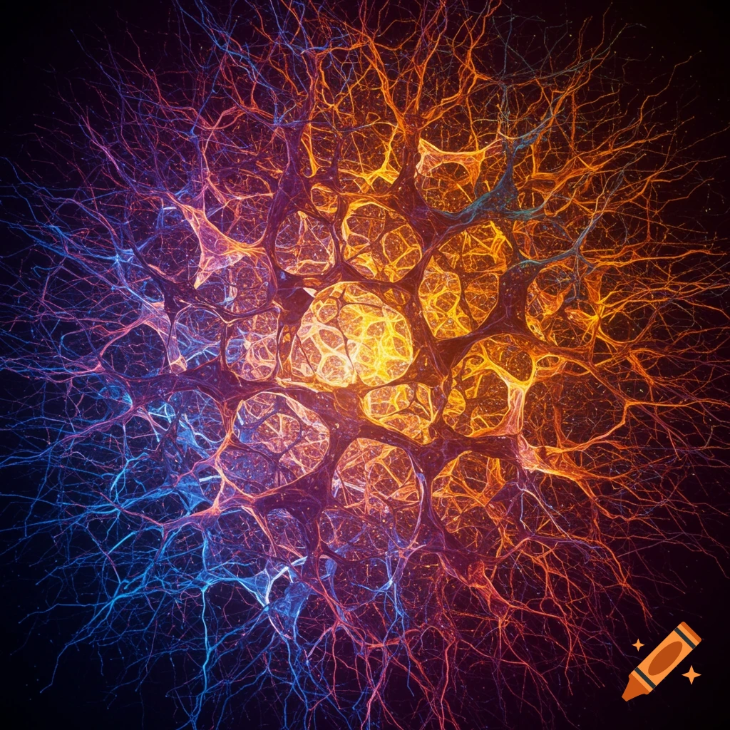 An abstract image of a glowing network structure in blue and orange colors.