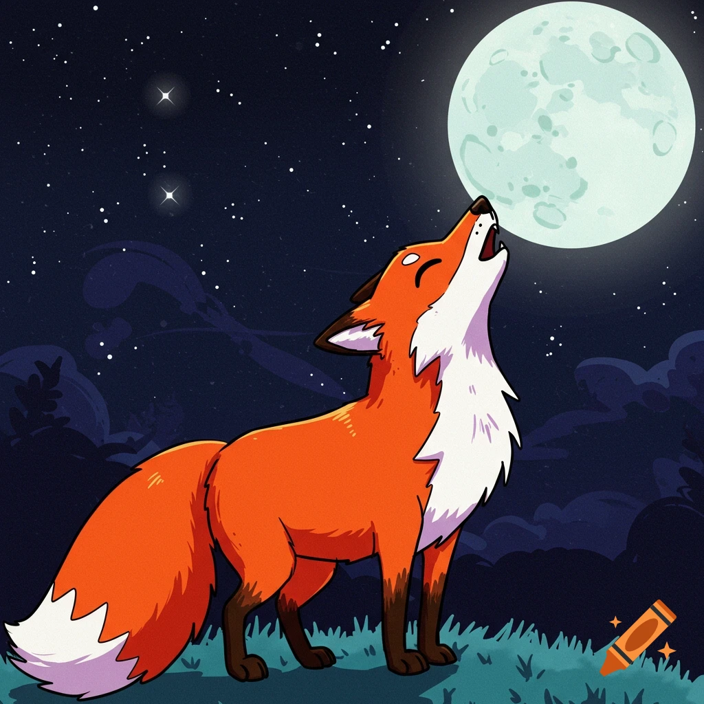 A cartoon fox howls up at a large full moon on a starry night.