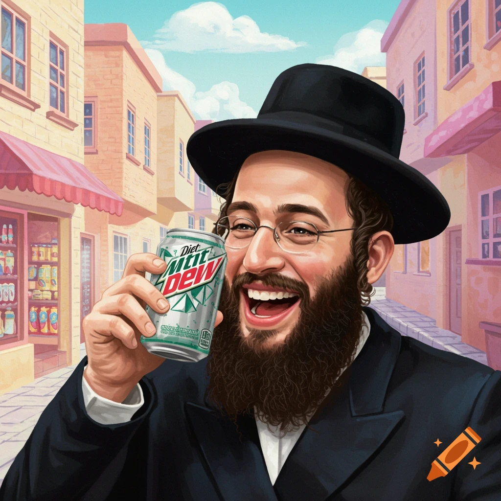 A smiling Hassidic man holding a Diet Mountain Dew can in a colorful street.