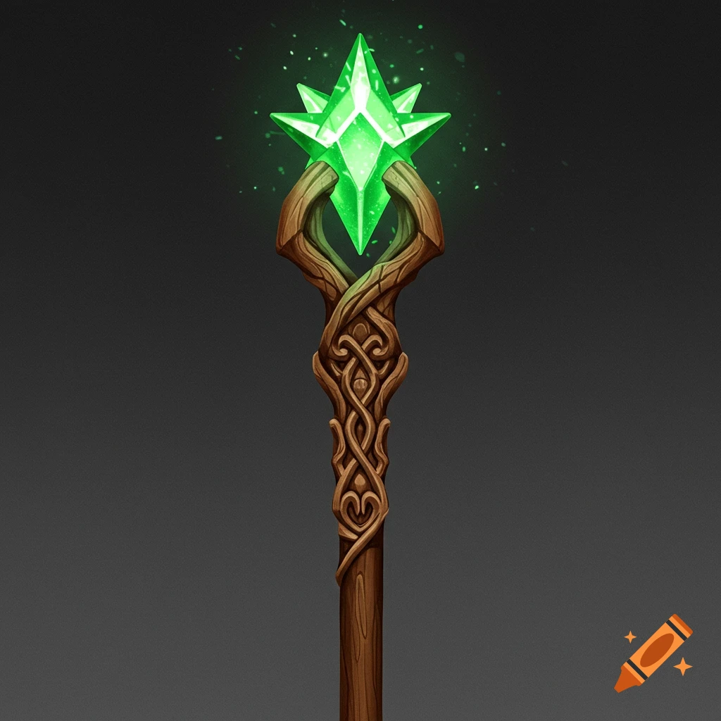 A wooden staff with a glowing green star-shaped crystal tip.