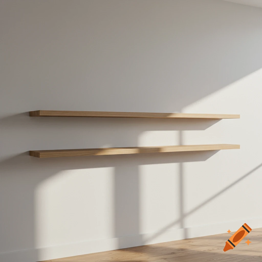 Two wooden floating shelves on a white wall with sunlight shadows.