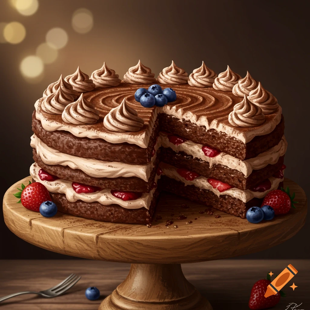 A chocolate cake with frosting, strawberries, and blueberries on a wooden stand.