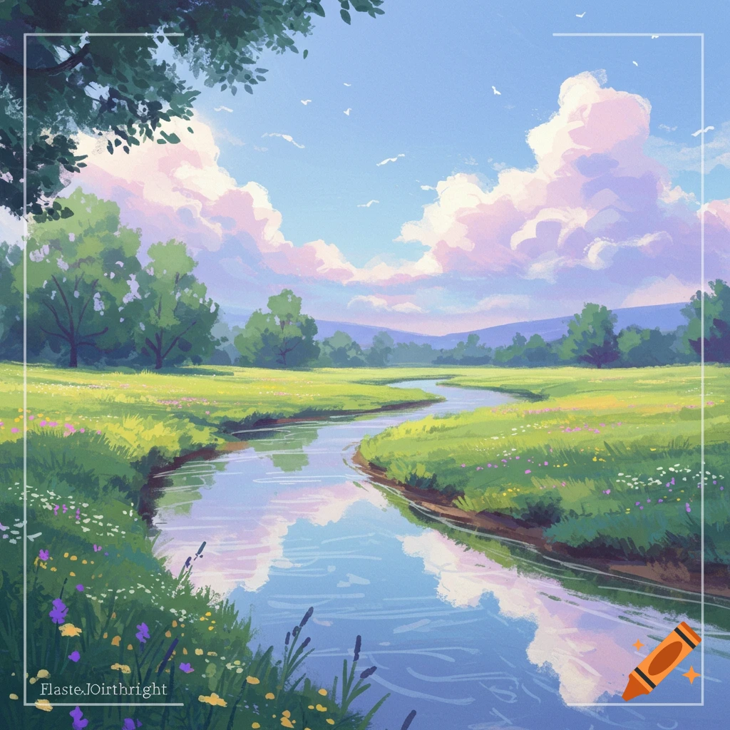 A serene winding river flows through a grassy meadow with trees under a cloudy sky.