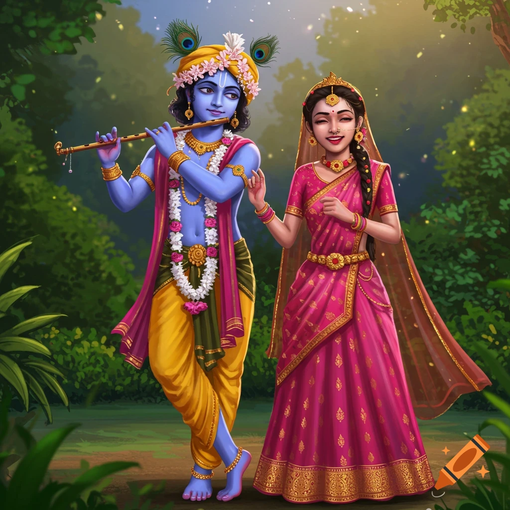Animated illustration of Krishna playing a flute next to Radha in a lush forest.