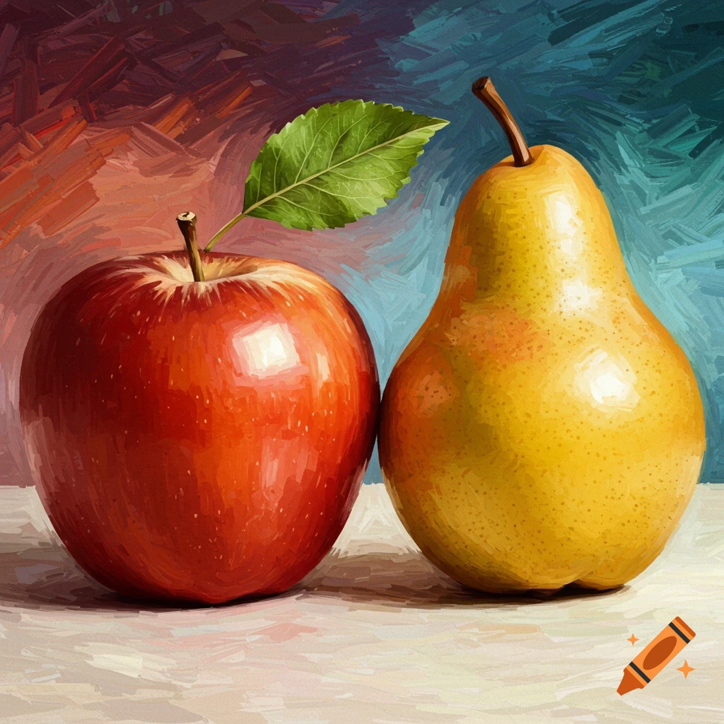 A red apple and yellow pear are shown in an abstract style.