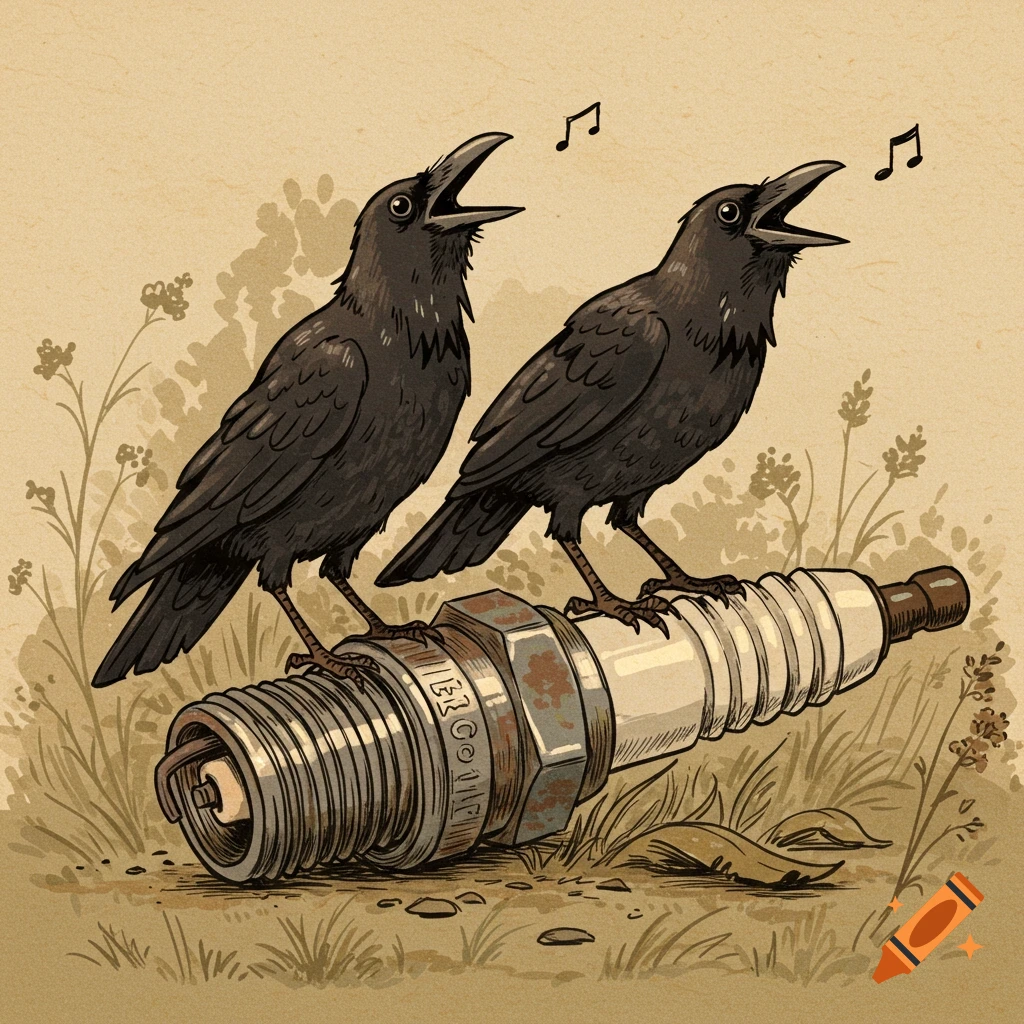 Two illustrated crows stand on a large spark plug, singing with notes overhead.