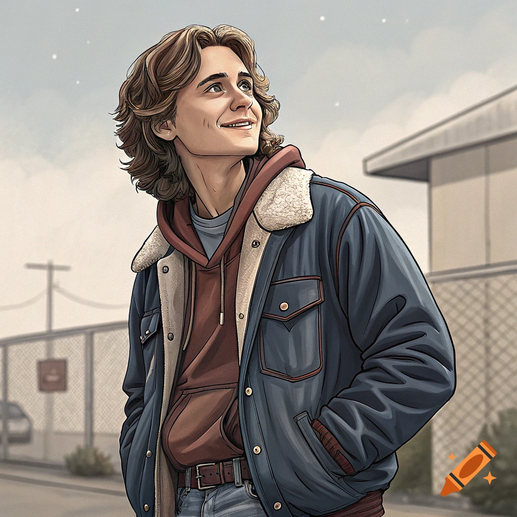 Illustration of a young person in a jacket looking up