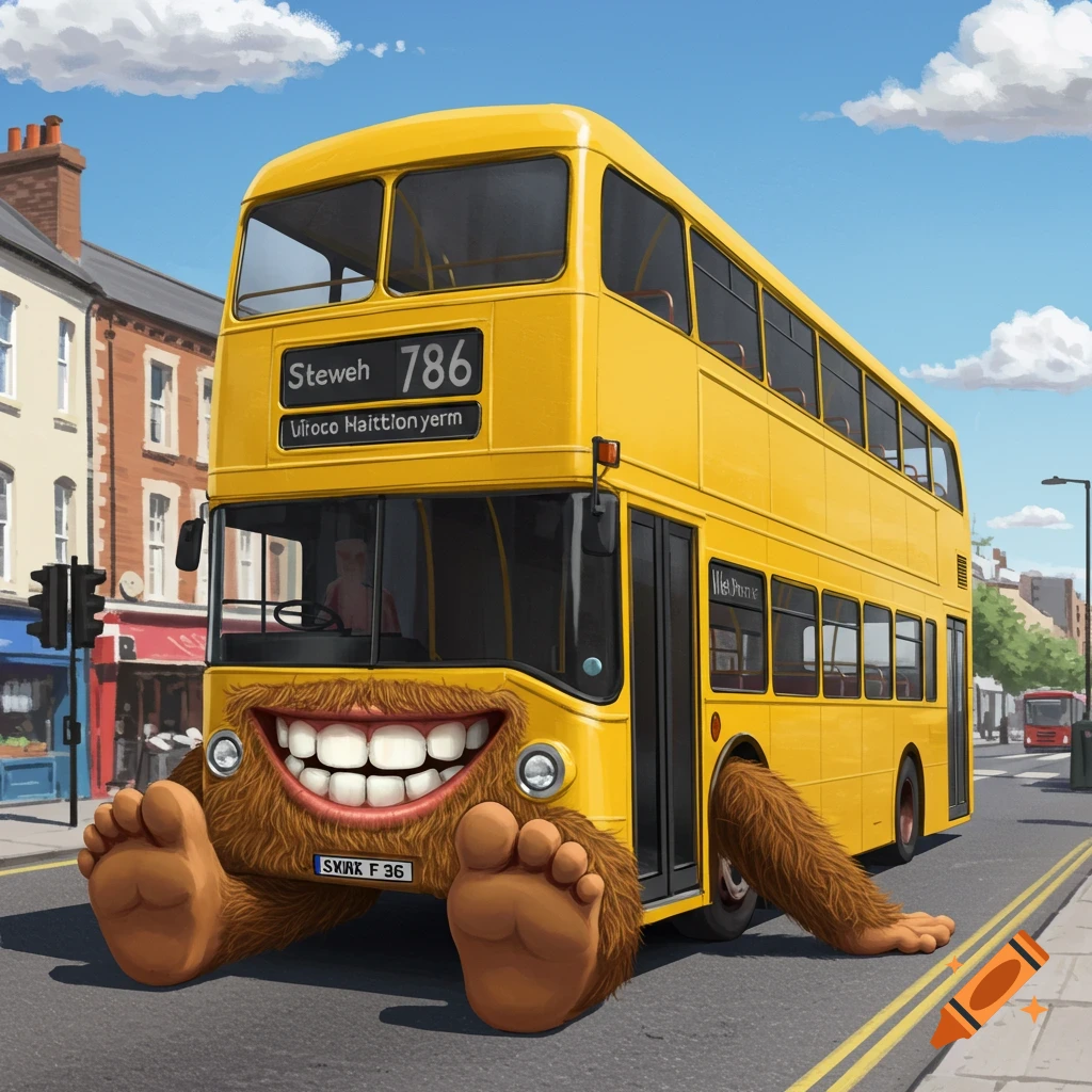 A yellow double-decker bus with a large furry smile and hairy feet on a city street.