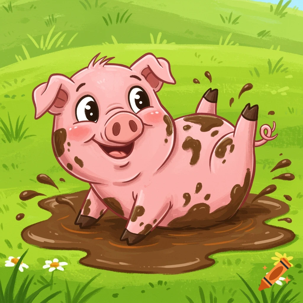 A cheerful cartoon baby pig gleefully rolls in a muddy puddle in a grassy field.