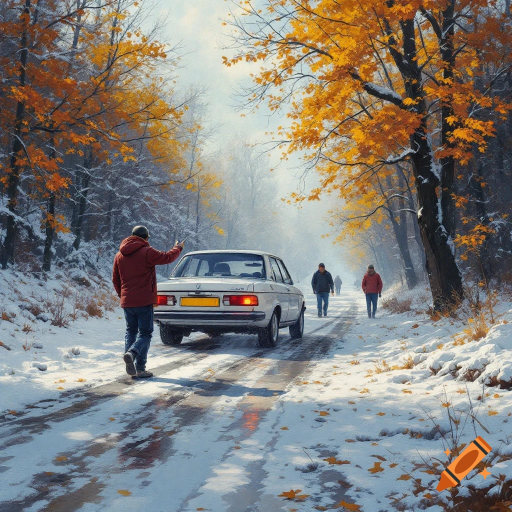 A car stopped on a snowy road through an autumn forest with two people walking in the distance.