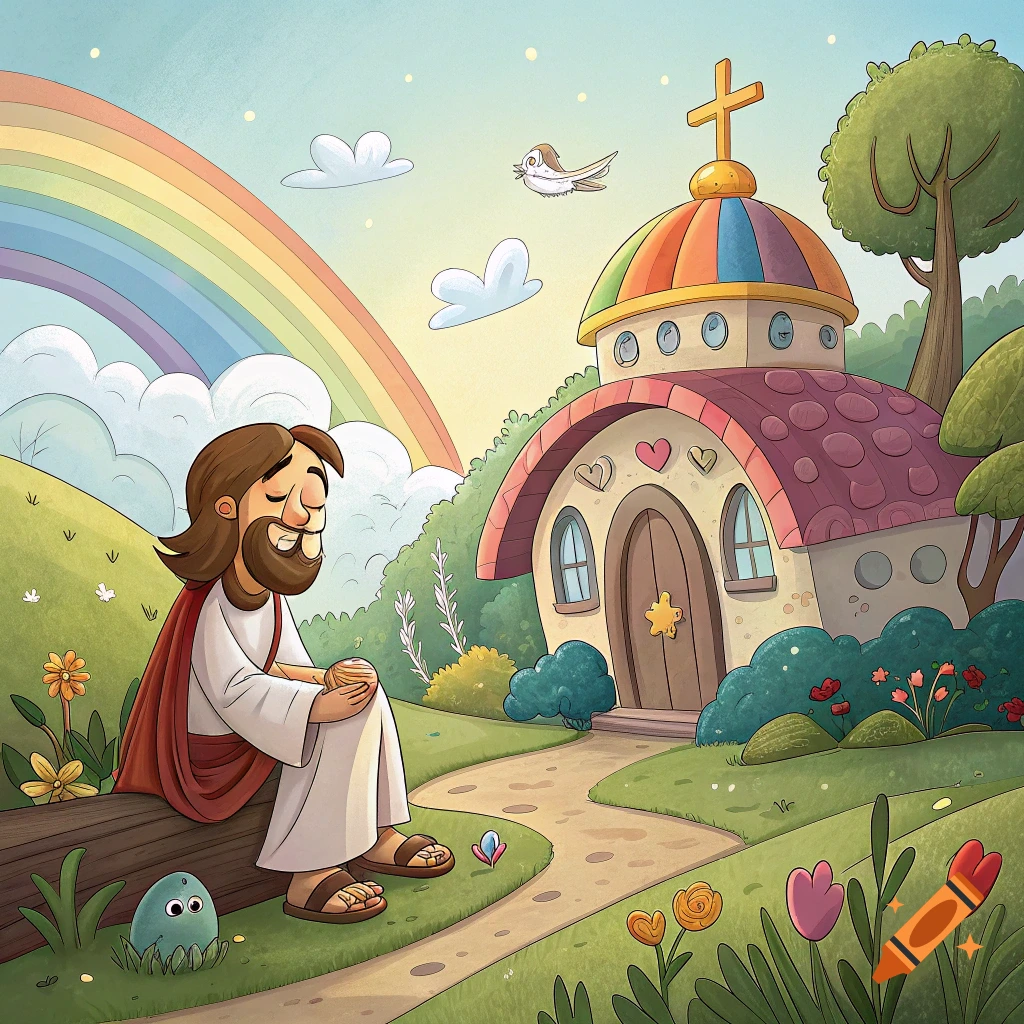 Cartoon of Jesus sitting on a log near a cheerful church with a rainbow in the sky.
