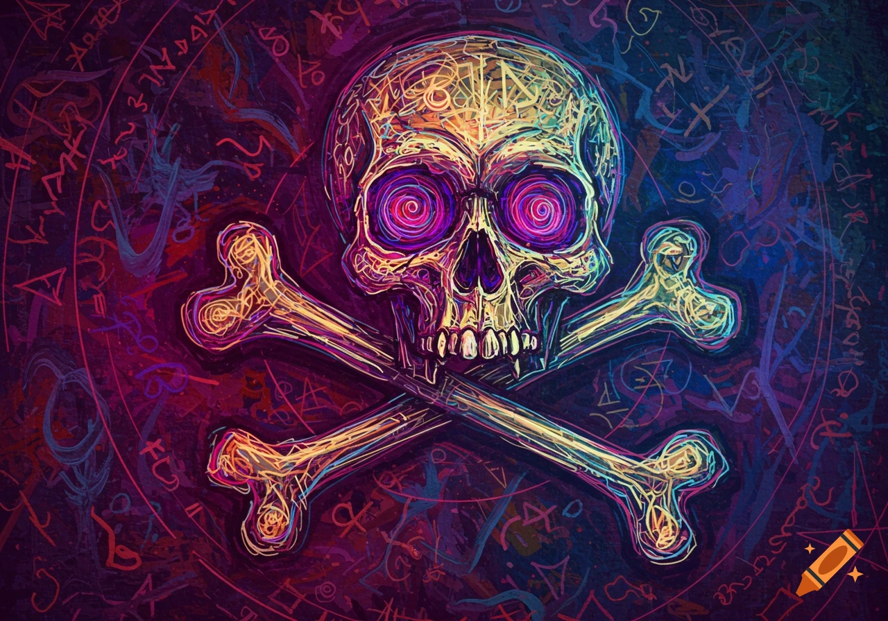 A skull and crossbones over a background of colorful arcane symbols.