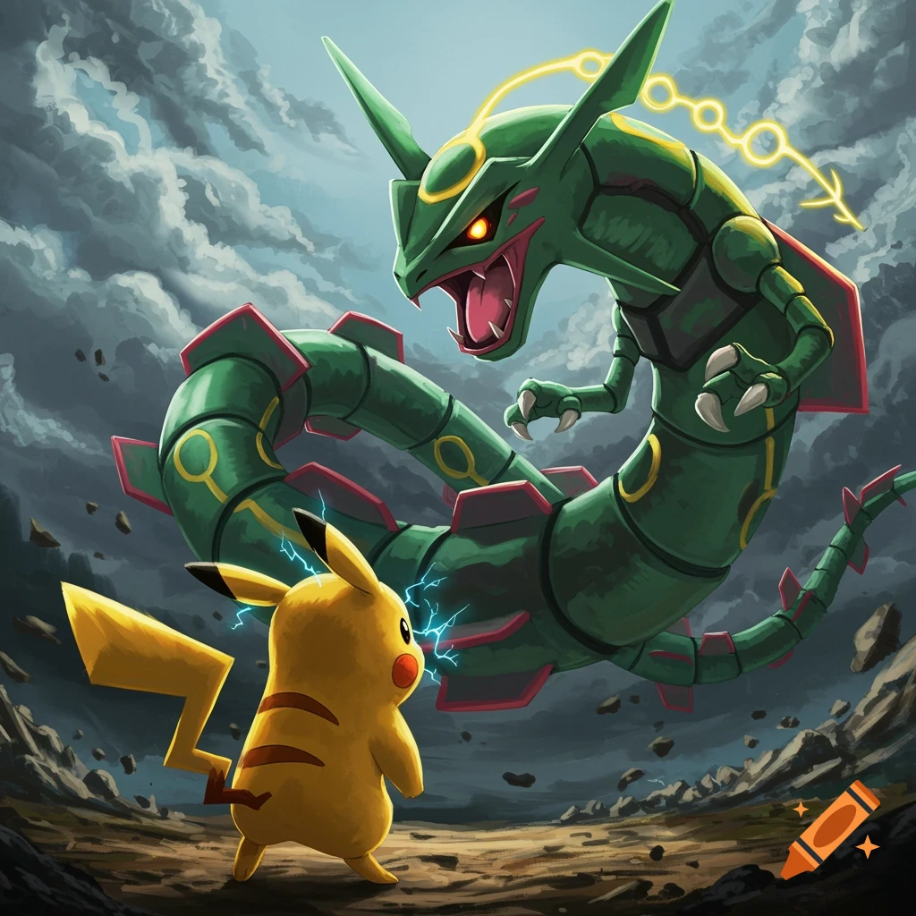 Pikachu faces off against a giant green dragon, Rayquaza, under a stormy sky.
