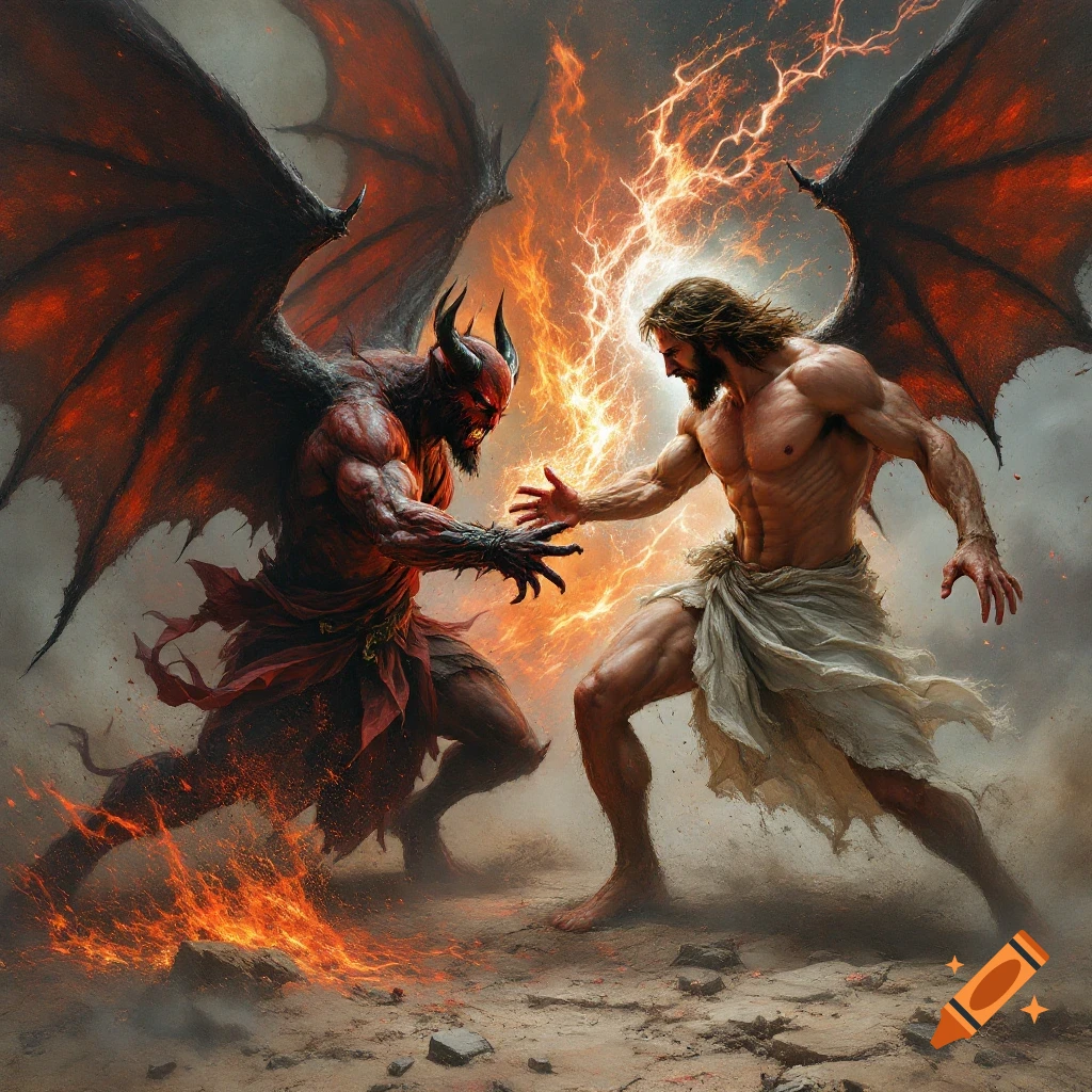 The Devil and Jesus confront each other with energy between them in a dusty, fiery landscape.
