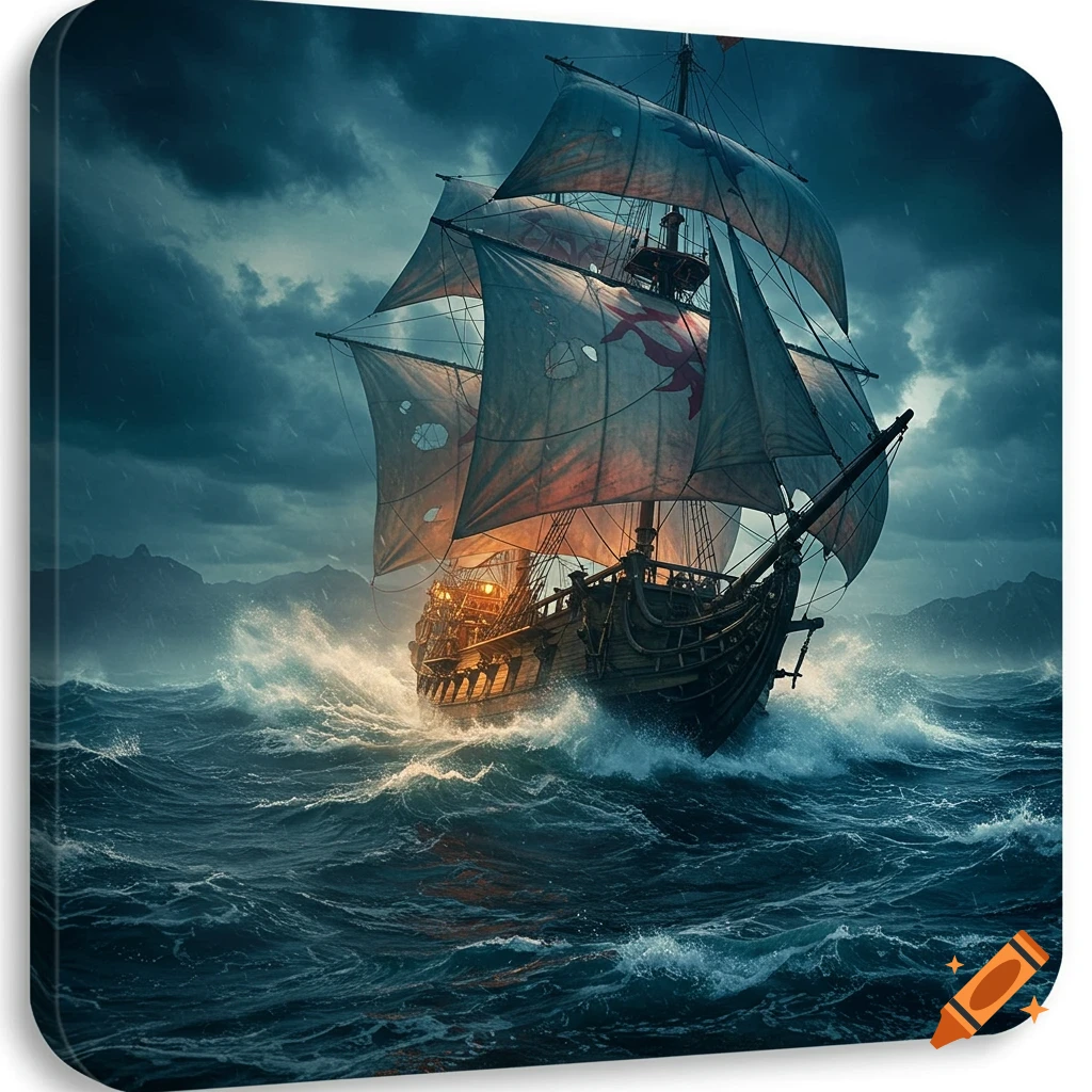 Photorealistic painting of a galleon with tattered sails on rough seas during a storm.
