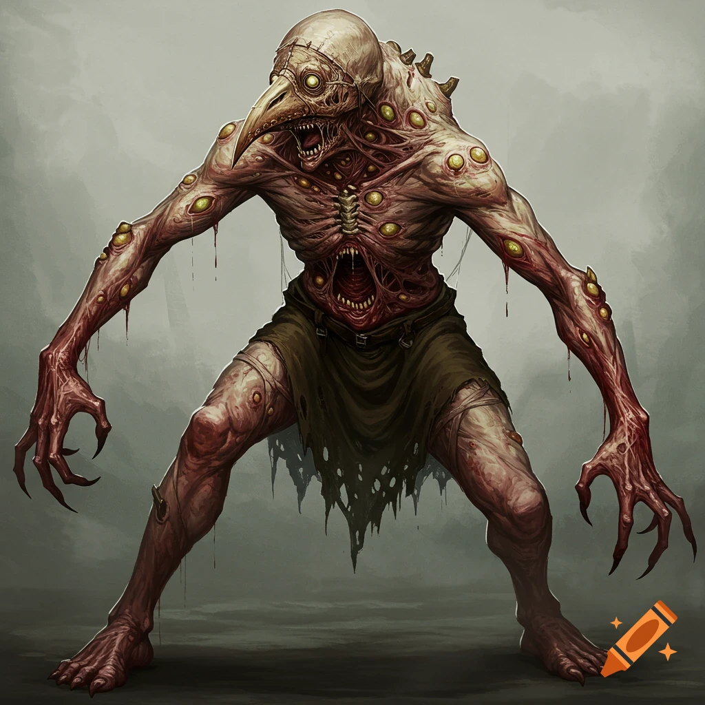A grotesque plague mutant with a bird-like head, exposed flesh, and multiple eyes.