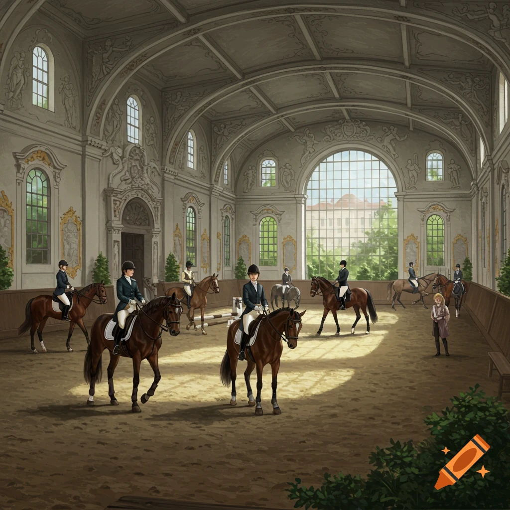People riding horses in a large, ornate indoor arena.