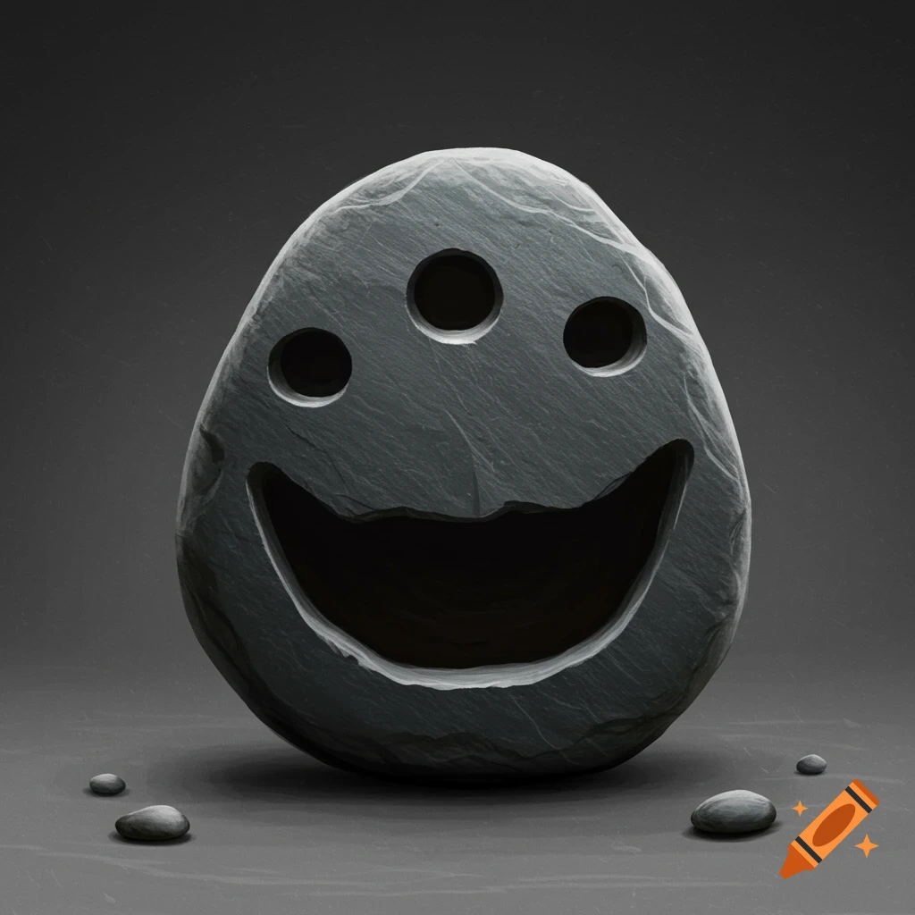 Gray rock with a carved happy face, including three round eyes.
