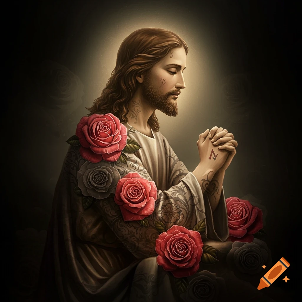 A depiction of Jesus praying, adorned with tattoos and roses.