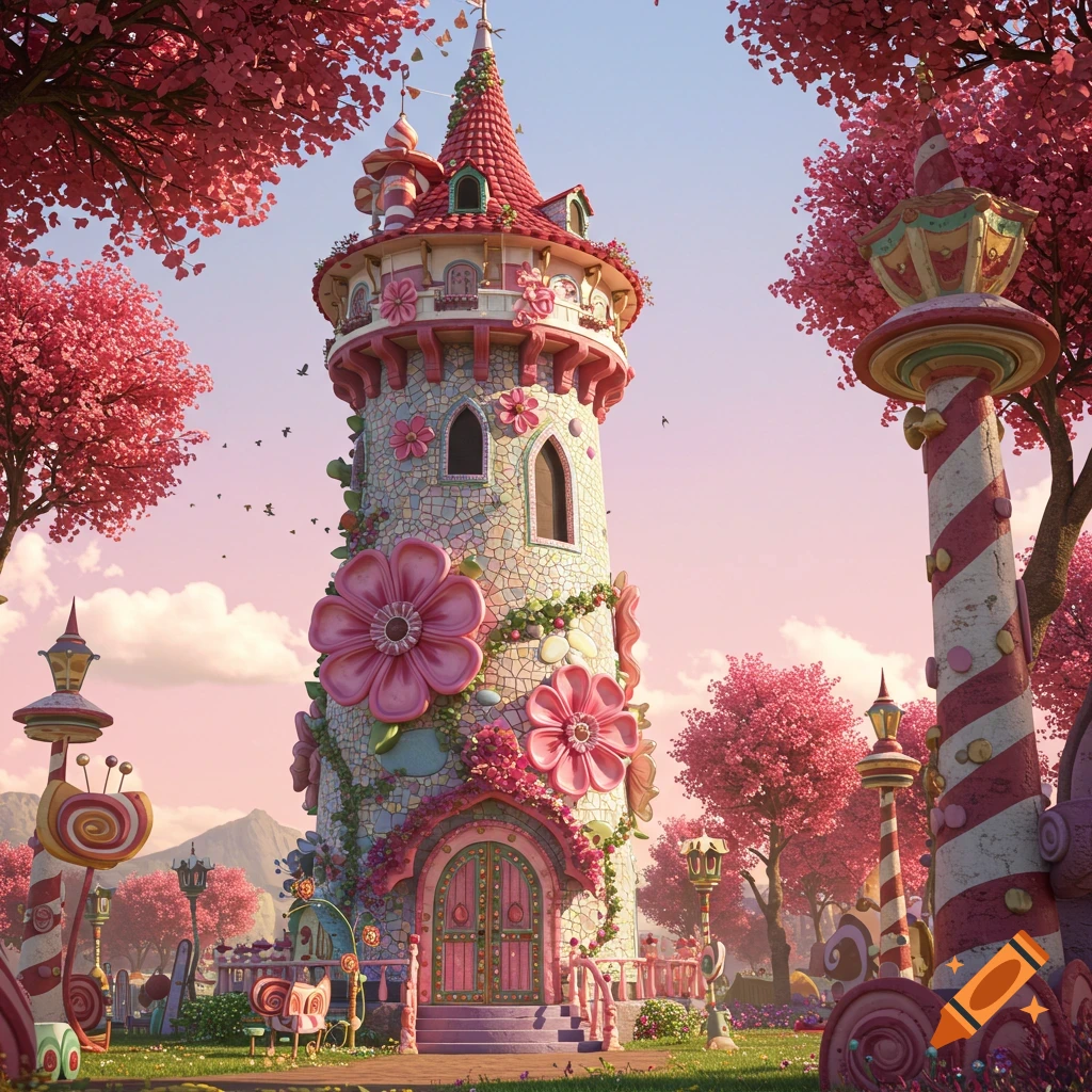 A pink fantasy tower covered in flowers, surrounded by candy structures and pink trees.