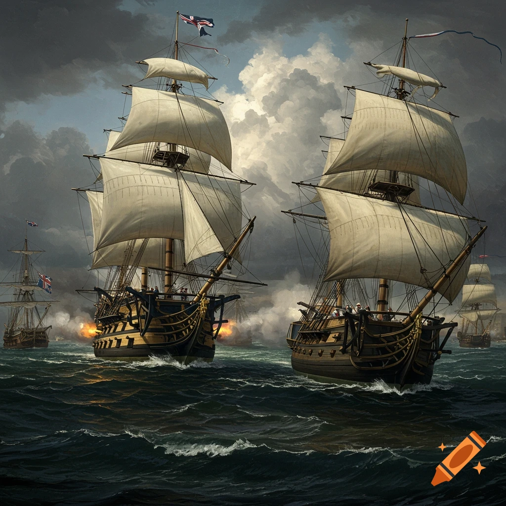 Several historical sailing ships in a stormy sea battle, firing cannons under a cloudy sky.
