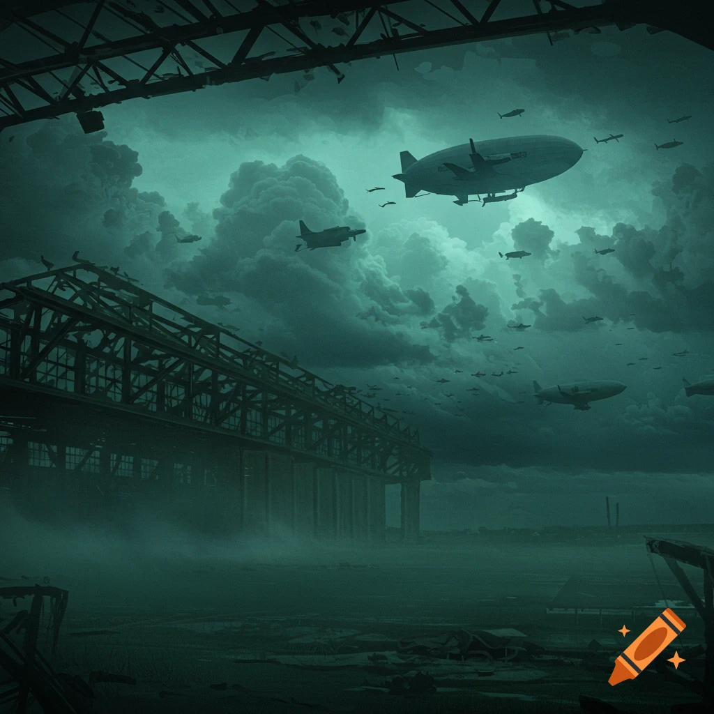 A large airship and aircraft fly over a ruined building under dark green clouds