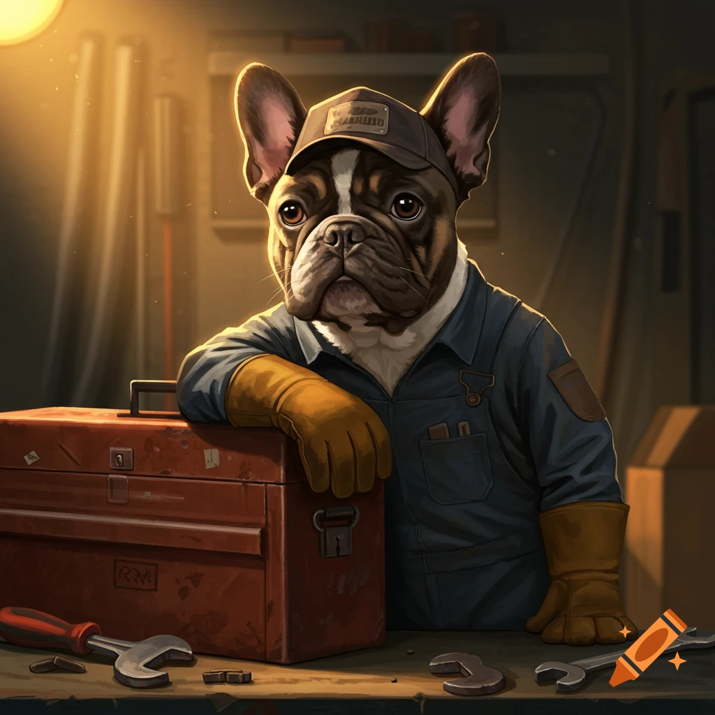 A French bulldog in a mechanic uniform leans on a red toolbox with tools.