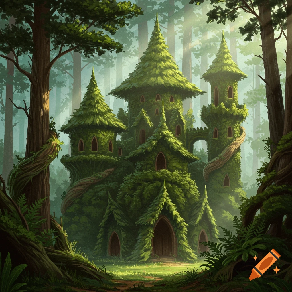 A castle made of greenery stands within a forest.