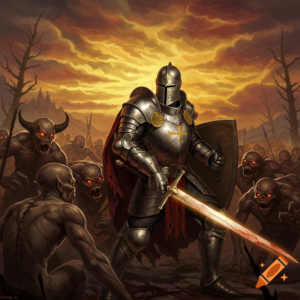 A knight in shining armor battles a horde of monsters with glowing red eyes in a dark landscape under an orange sky.