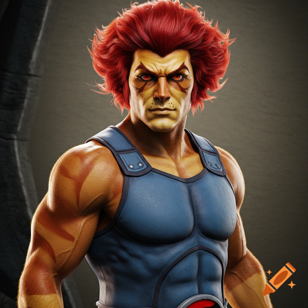 Photorealistic portrait of Lion-O from Thundercats, with red hair and blue top.